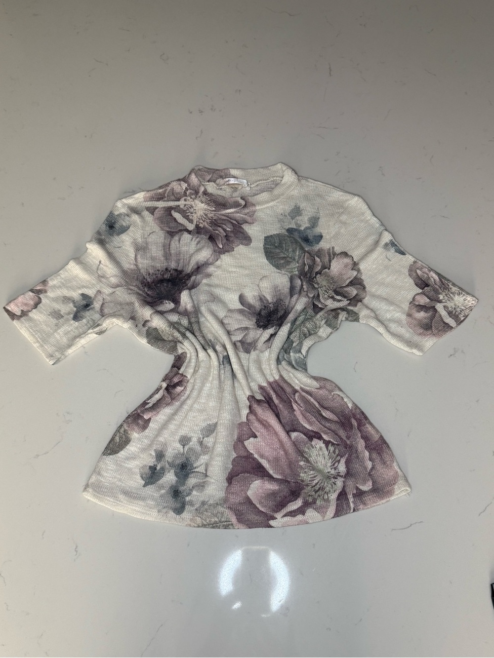 Vintage Floral Knit Short-Sleeve Top in Soft Lavender